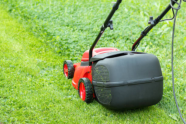 istock new lawnmower on green grass 186164281