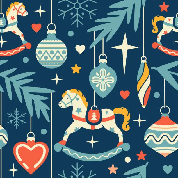 Vector illustration of Scandinavian Christmas seamless pattern. Modern flat style. Noel winter ornament with bauble decorations, Christmas tree, rocking horse. Retro cozy dream land concept for gift, wrapping paper, fabric.