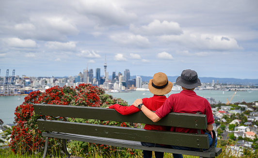 Couple sitting on the bench and enjoying the views of Auckland Sky Tower and skyline. Pohutukawa trees in full bloom. New Zealand Christmas tree.