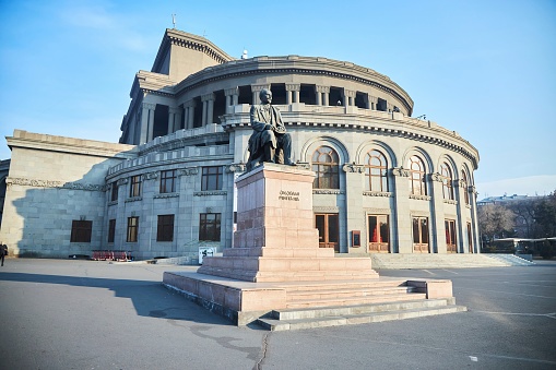 Yerevan, Armenia - January 06, 2023: The famous Aram Khachaturian Opera House. Sculpture by Hovhannes Tumanyan