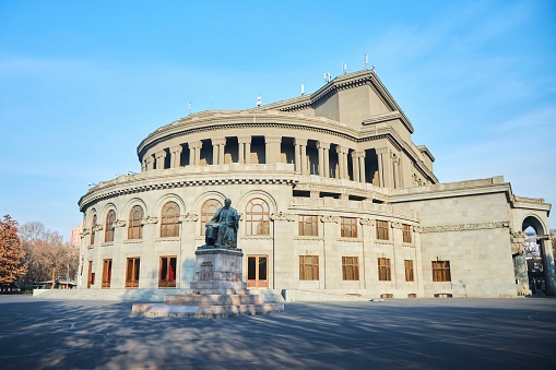 Yerevan, Armenia - January 06, 2023: The famous Aram Khachaturian Opera House. Sculpture by Alexander Spendiaryan