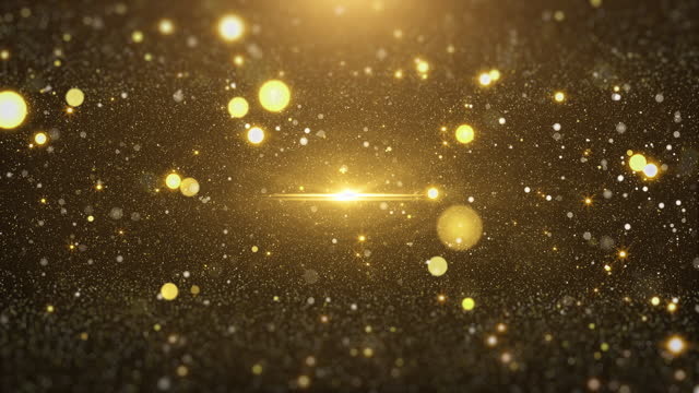 Golden glittering sparkle, flickering particle fly through on the center of lens flare. Glamour gold bokeh dynamic flowing in the air, space for new year, Christmas 4K motion loop