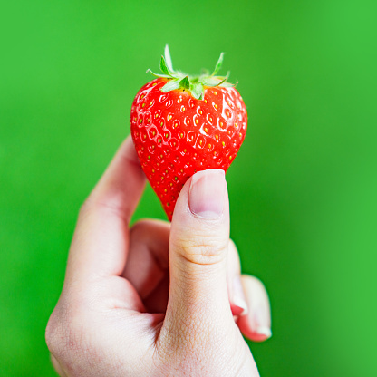 Hands of mother and child holding strawberries. Concept of homegrown produce and healthy eating.