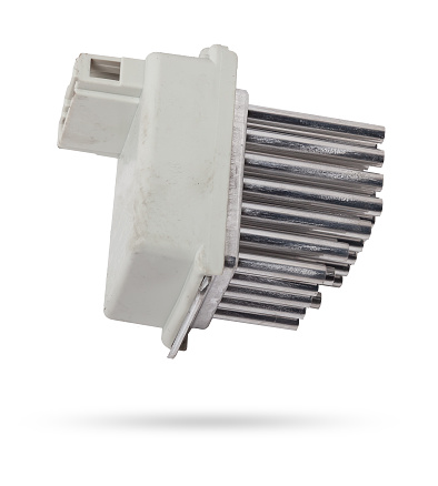 Car heater fan speed regulator on white isolated background. Catalog of spare parts for vehicles.