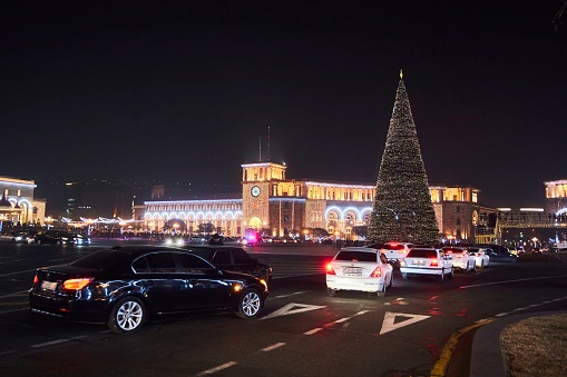 Yerevan, Armenia - January 05, 2023: The central square of the city and the main Christmas tree of the country