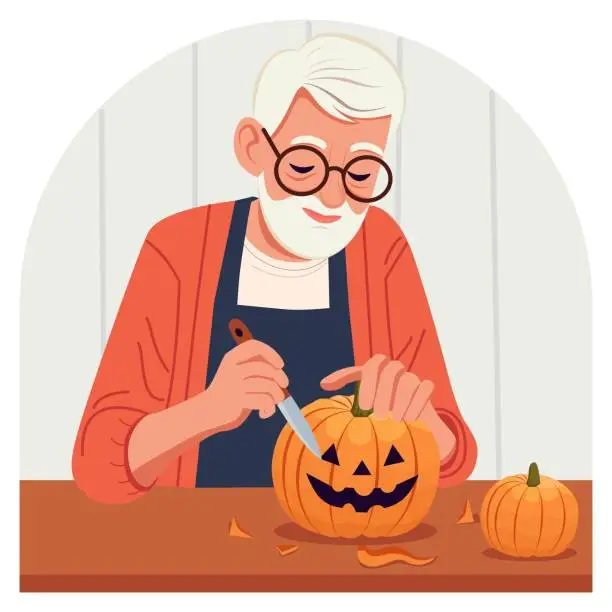 Vector illustration of Man carves pumpkin for Halloween celebration.