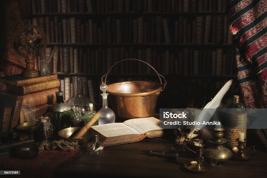Alchemist kitchen or laboratory Halloween scene of a medieval alchemist kitchen or laboratory Alchemy Stock Photo