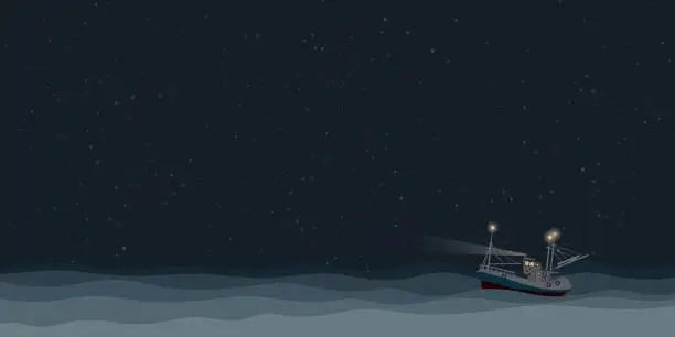 Vector illustration of Fishing boat on the sea at night vector illustration. Ocean with ship, star and night sky background.