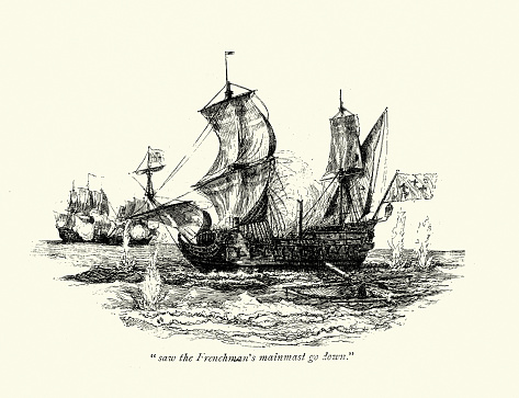 Vintage illustration of Warship losing its main mast during a naval battle, 17th Century military history