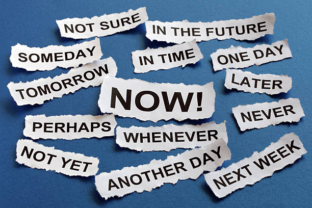 urgent Concept for procrastination and urgency with torn newspaper headlines excuses reading later, one day, tomorrow, someday, whenever etc wasting time photos stock pictures, royalty-free photos & images