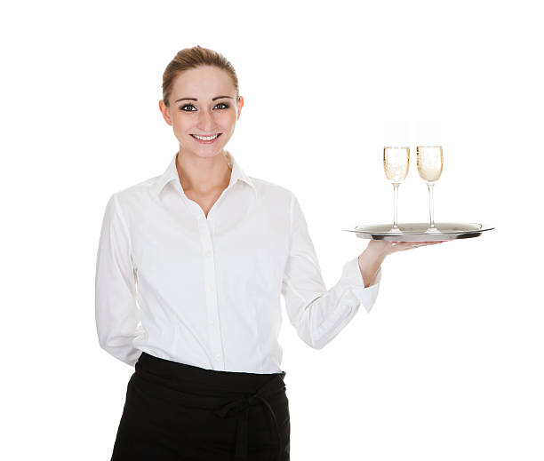 официантка с подносом бокалов - butler champagne service waiter стоковые фото и изображения