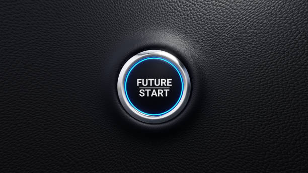 istock Future start push button. New startup, start a business, change or strategic vision concept. Modern car button with blue shine. 3d illustration 1861773123