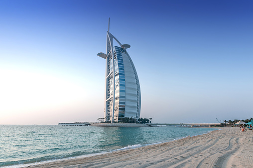 Dubai, United Arab Emirates. June 30th 2019. \nBurj Al Arab, landmark iconic luxury hotel on the beach, Dubai, UAE.