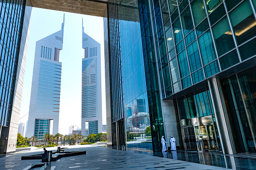 Dubai, United Arab Emirates. July 1st 2019\nDIFC Building. Dubai International Financial Centre in the Special Economic Zone, a hub for investment companies in the Middle East. Dubai, UAE.