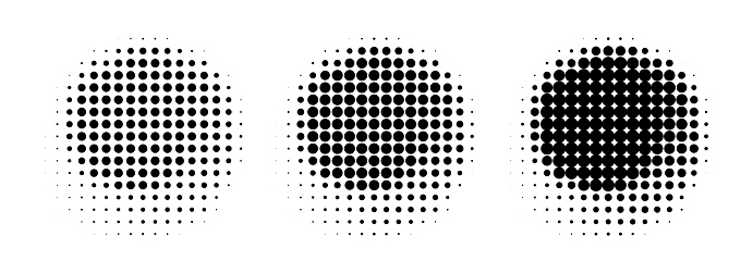Set of halftone dots curved gradient pattern textures isolated on white background. Curve dotted spots using halftone circle dot raster texture collection. Vector blot half tone collection.