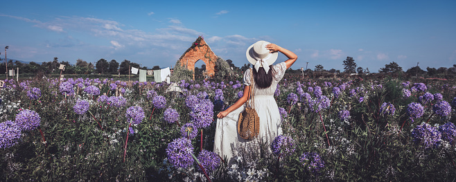 Winter travel relax vacation concept, Young happy traveler asian woman with dress sightseeing on Allium flower field in garden at Chiang Mai, Thailand