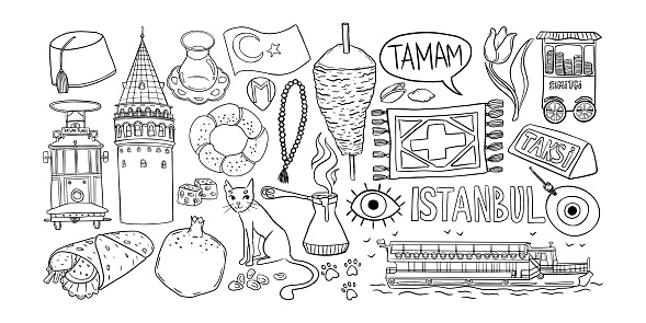 Istanbul doodle set, Turkish symbols outline collection, Hand-drawn sketch collection of traditional Istanbul icons including tram, Galata Tower, Turkish coffee, tea, lokum, and a ferry