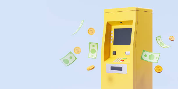 istock Yellow ATM bank with money falling on copy space blue background 1861805278