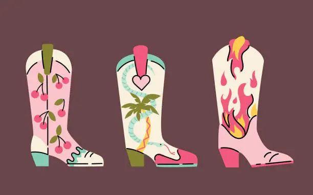 Vector illustration of Set of various cartoon style trendy cowboy boots.