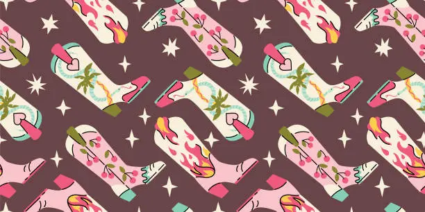 Vector illustration of Seamless pattern with various cartoon style trendy cowboy boots in desert.