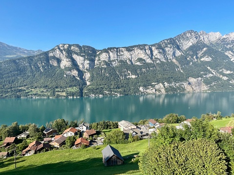 Panoramic view of Walensee, Lake Walen, St. Gallen, Switzerland.