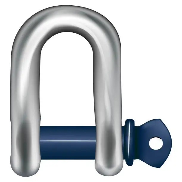 Vector illustration of Shaped lifting shackle. That metal or steel with locking pin. Accessory or lifting equipment with breaking strength for winching, industrial crane rigging, tow strap and off-road jeep truck recovery.