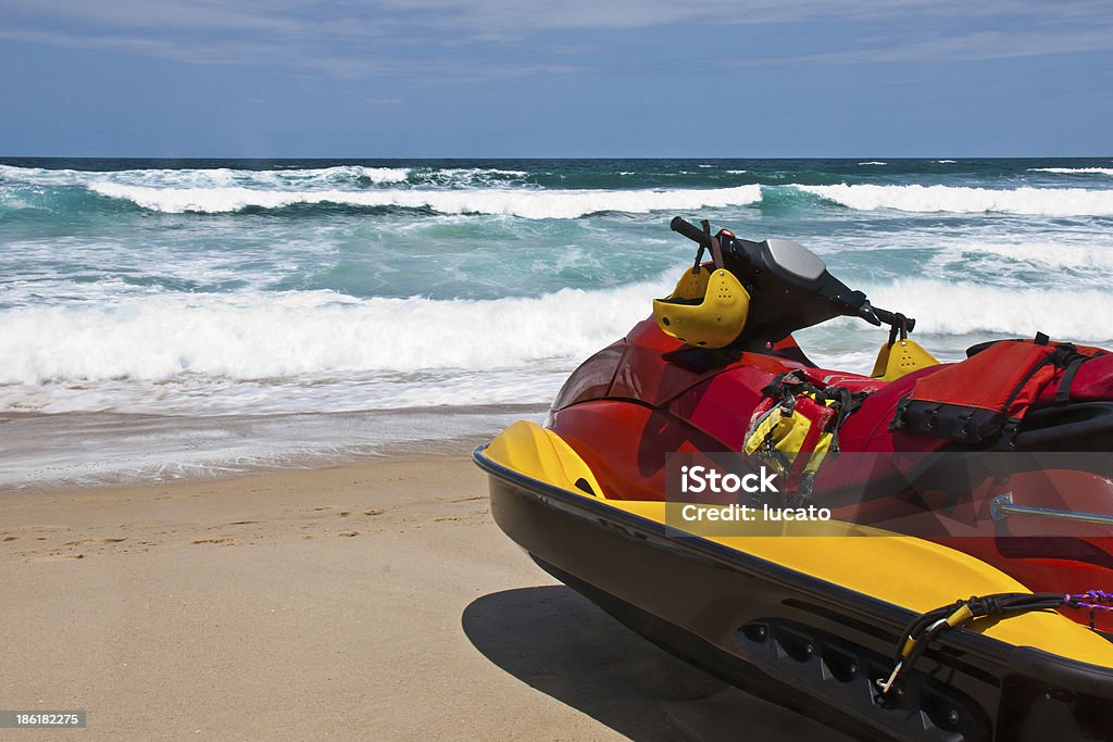 Firefighter watercraft Brazilian firefighter aquatic motorbike (watercraft) on the beach for rescuing people. Beach Stock Photo
