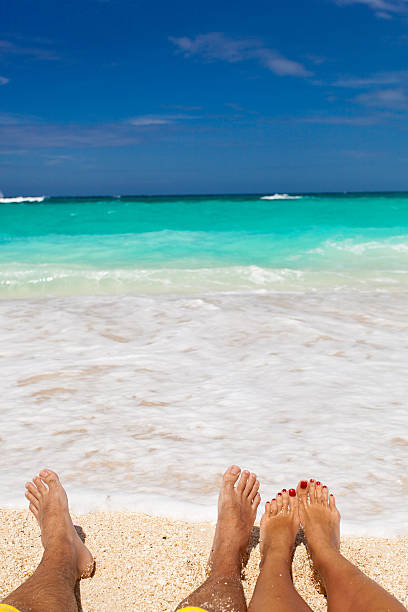 istock Male and female legs on tropical beach 186182827