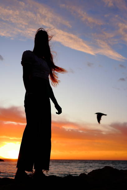 Silhouette of unrecognizable young woman at sunset