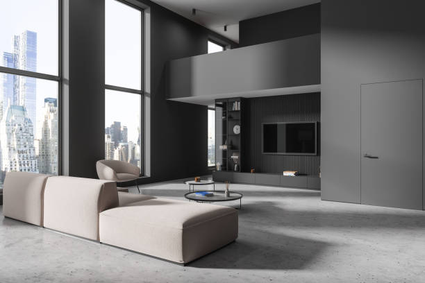 istock Gray living room interior with sofa and TV 1861844783