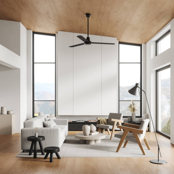istock Luxury living room interior with lounge zone, decoration and panoramic window 1861846384