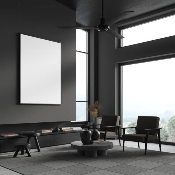istock Dark home chill room interior chairs and window, mockup frame 1861851078