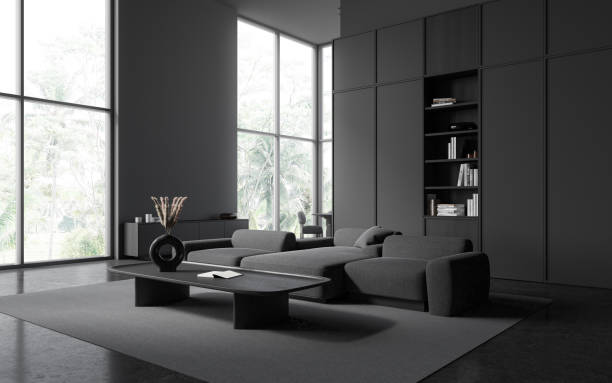 istock Grey hotel living room interior with relaxing and eating zone, panoramic window 1861852626