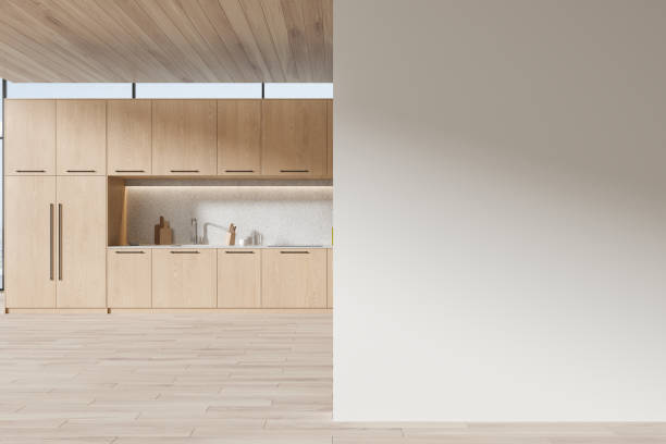 istock Wooden home kitchen interior with cabinet and kitchenware. Mock up wall 1861856208