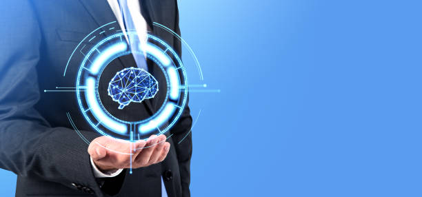 istock Man hand demonstrating AI brain hologram 1861858271