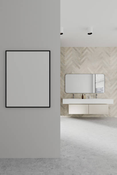 istock Stylish home bathroom interior with double sink and window. Mock up frame 1861858933