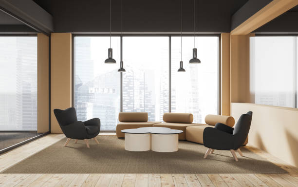 istock Modern business lounge zone interior with couch and panoramic window 1861860330