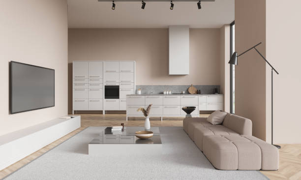 istock Beige flat interior with couch and window, kitchen with cooking and lounge zone 1861862899