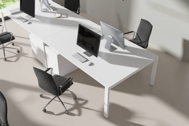 istock Top view of office workplace interior with pc desktop and armchairs 1861864670