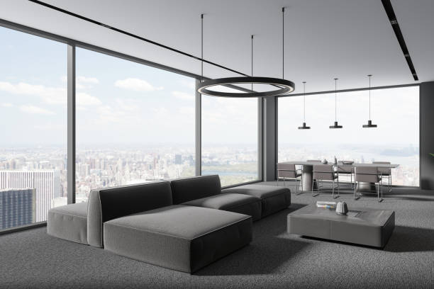 istock Panoramic gray living room and dining room interior 1861868551
