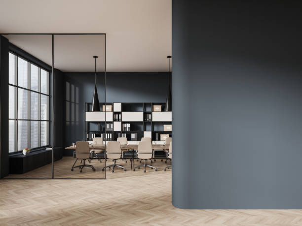 istock Stylish office room interior with table and shelf near window, mock up wall 1861874825