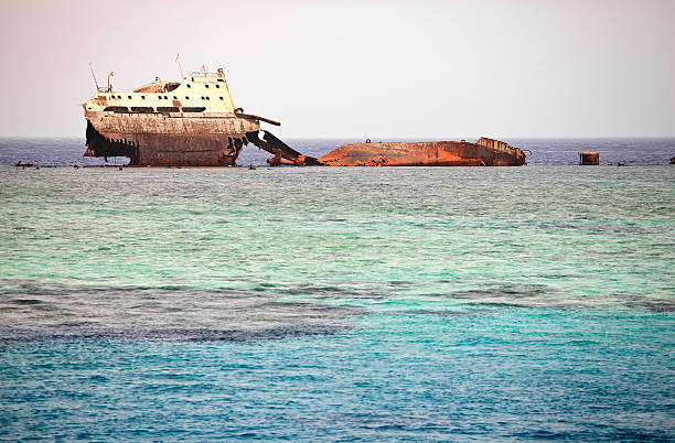 the sunken ship wreck on reef. - iron sheik stockfoto's en -beelden