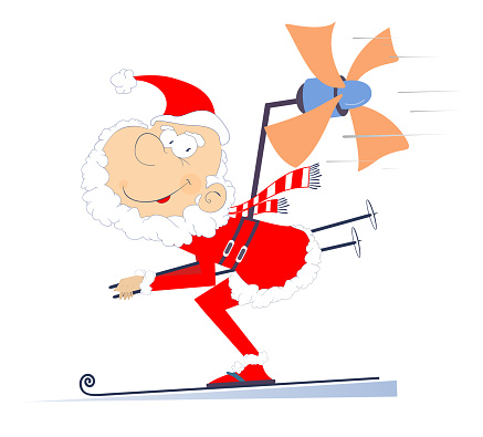 Winter sport. Santa Claus tries to skiing faster using a propeller. Isolated on white background
