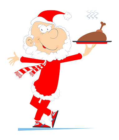 Cartoon Santa Claus holding a tray with meat, duck or chicken. Isolated on white background