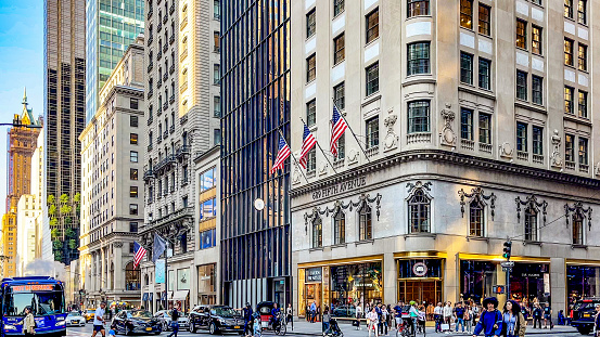 New York, USA; December 10, 2023: Walk along Fifth Avenue, better known as the avenue of millionaires in the Big Apple of New York City, due to the large stores that are located there.