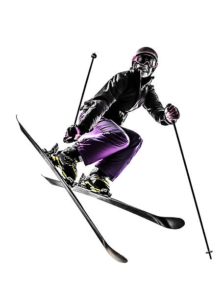 one caucasian woman skier freestyler jumping in silhouette isolated on white background
