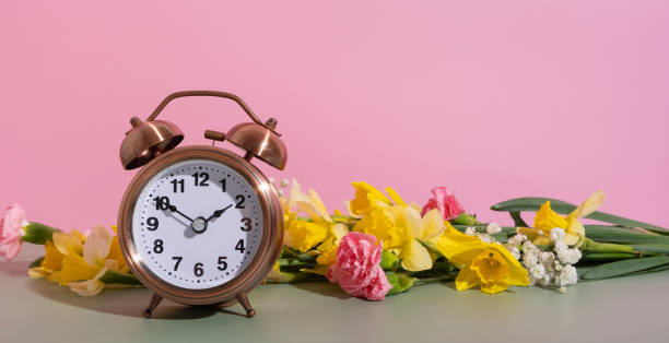 istock Banner with alarm clock with spring flowers. Spring time, daylight savings concept, spring forward 1861911339