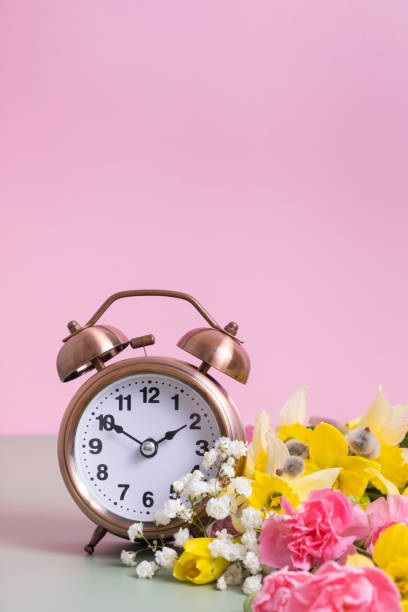 istock Alarm clock with spring flowers. Spring time, daylight savings concept, spring forward 1861911341