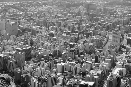 View from top of the Yokohama Landmark Tower, height 296.3 mt, of the city of Yokohama, the capital city and the most populous city in Kanagawa Prefecture, with a 2020 population of 3.8 million. It lies on Tokyo Bay, and is a commercial hub of the Greater Tokyo Area.