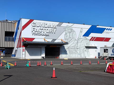 View of the Gundam Factory Yokohama, an entertainment complex located at Yamashita Pier in Yokohama, Japan. Its main feature is a moving Gundam, an 18-metre tall pilot-operated \